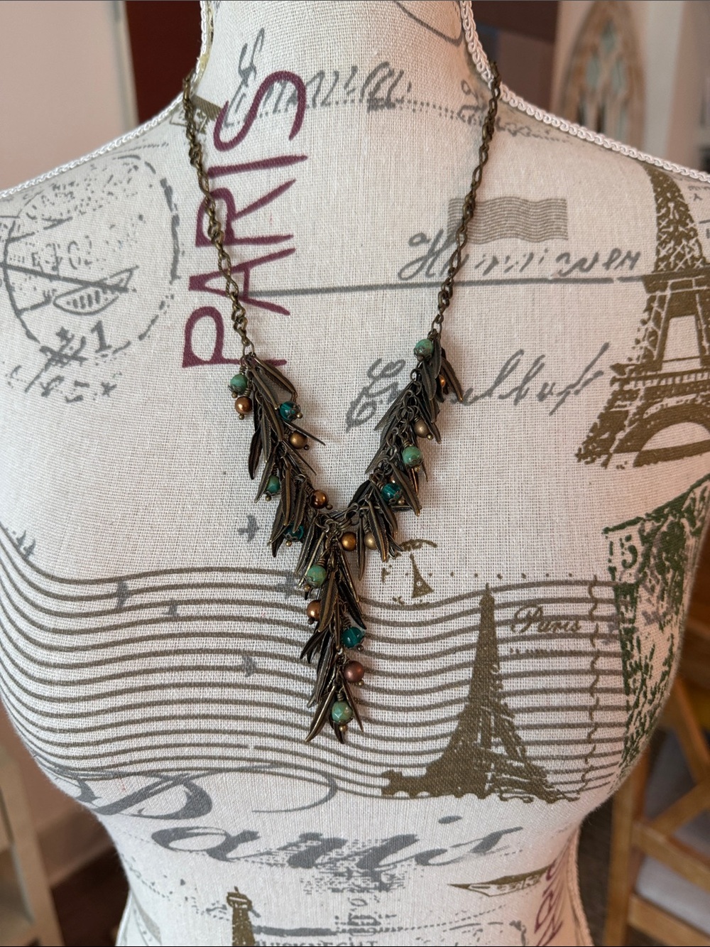 Vintage-Inspired Leaf Pendant Necklace in Antique Brass with Green Beads